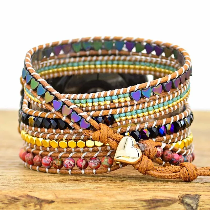 Bohemia Handmade Tube Emperor Natural Stone Beads Braided Leather Wrap, Chakra Bracelet For Samsung Watch 22mm