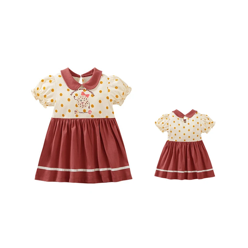 Wholesale Baby Girl  Printed Baby Girl Dress Cotton Sweet Doll Collar Retro Brown Cartoon Cookie Design Spot