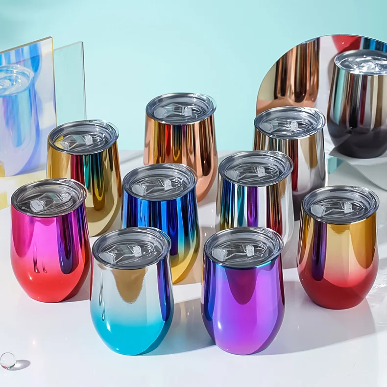 UV Double Wall Coffee Mug Insulated Vacuum Tumblers Rainbow Painting Stainless Steel 12oz Egg Shape Cup Double Wall Wine Mug