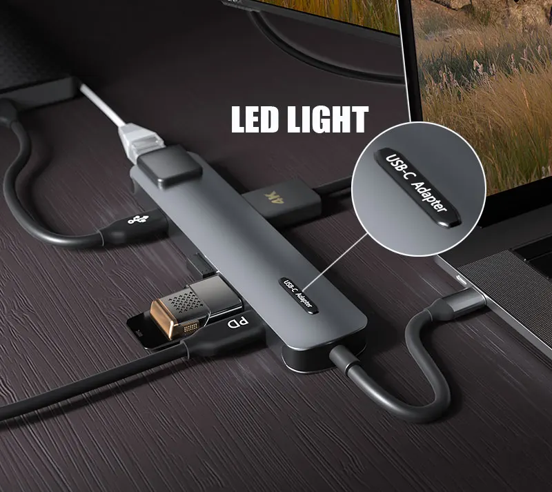 Aluminium Alloy 6 Ports  Type-C To Usb Hub With Pd 100W Hdtv 4K Multi Functional Usb C Hub Device Ethernet Hub Usb-C