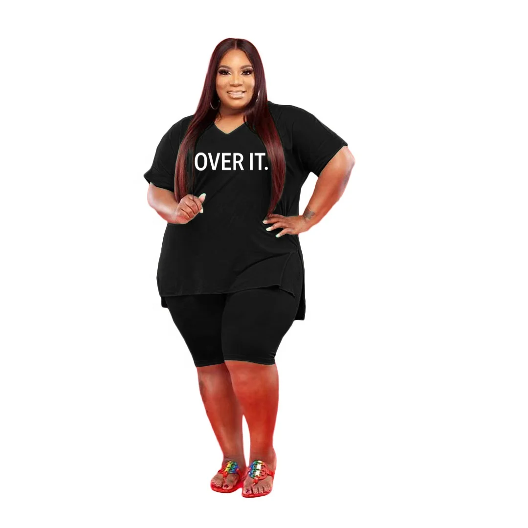 Custom Print Short Sleeve Two Pieces Set Women Letter Print T shirt Summer Plus Size Two Piece Set Bodycon Plus Size Women Set