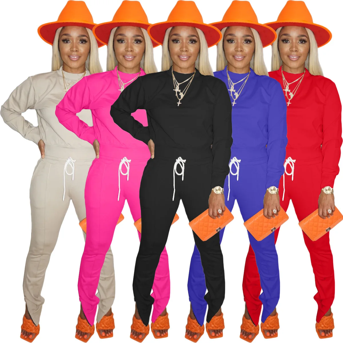 Long sleeve crew neck t-shirt and drawstring waist leggings cotton sweat suits for women side zipper pants track suit for women