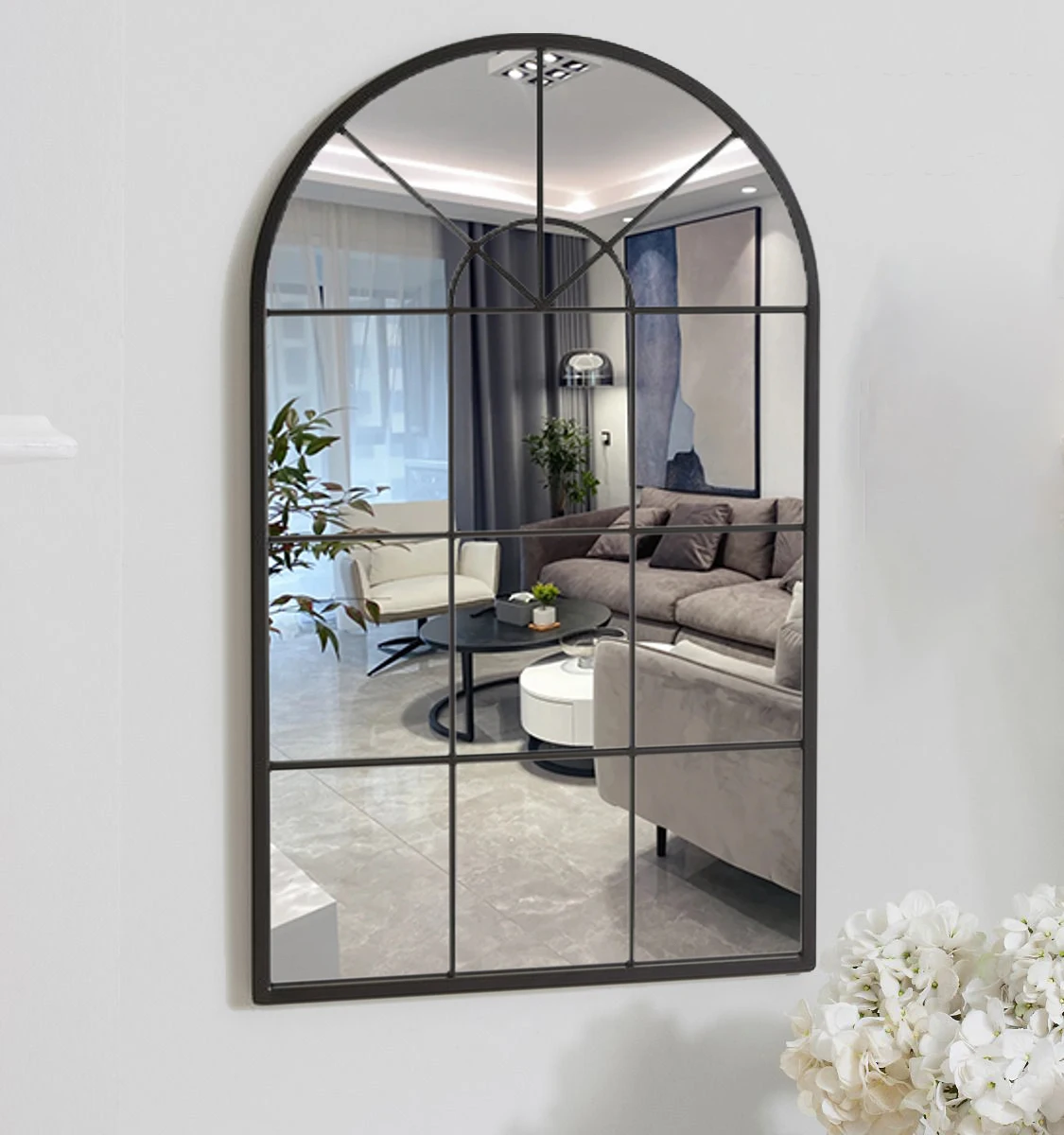 wholesale big large black iron metal framed full length long dressing hanging window pane arch wall mirror espejo miroir spiegel