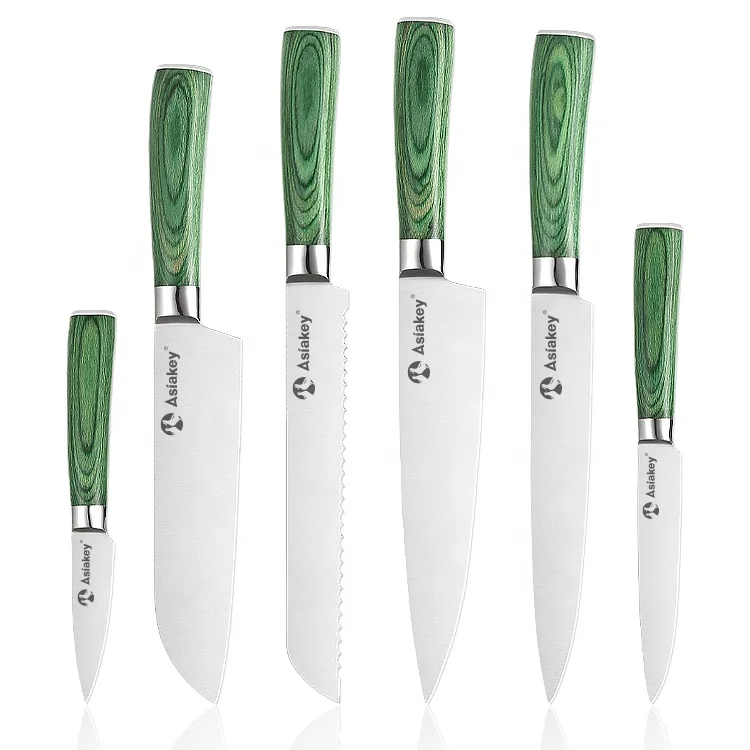 Asiakey Green Pakka Wood Handle 7pcs Knife Set with Magnetic Knife Block Holder