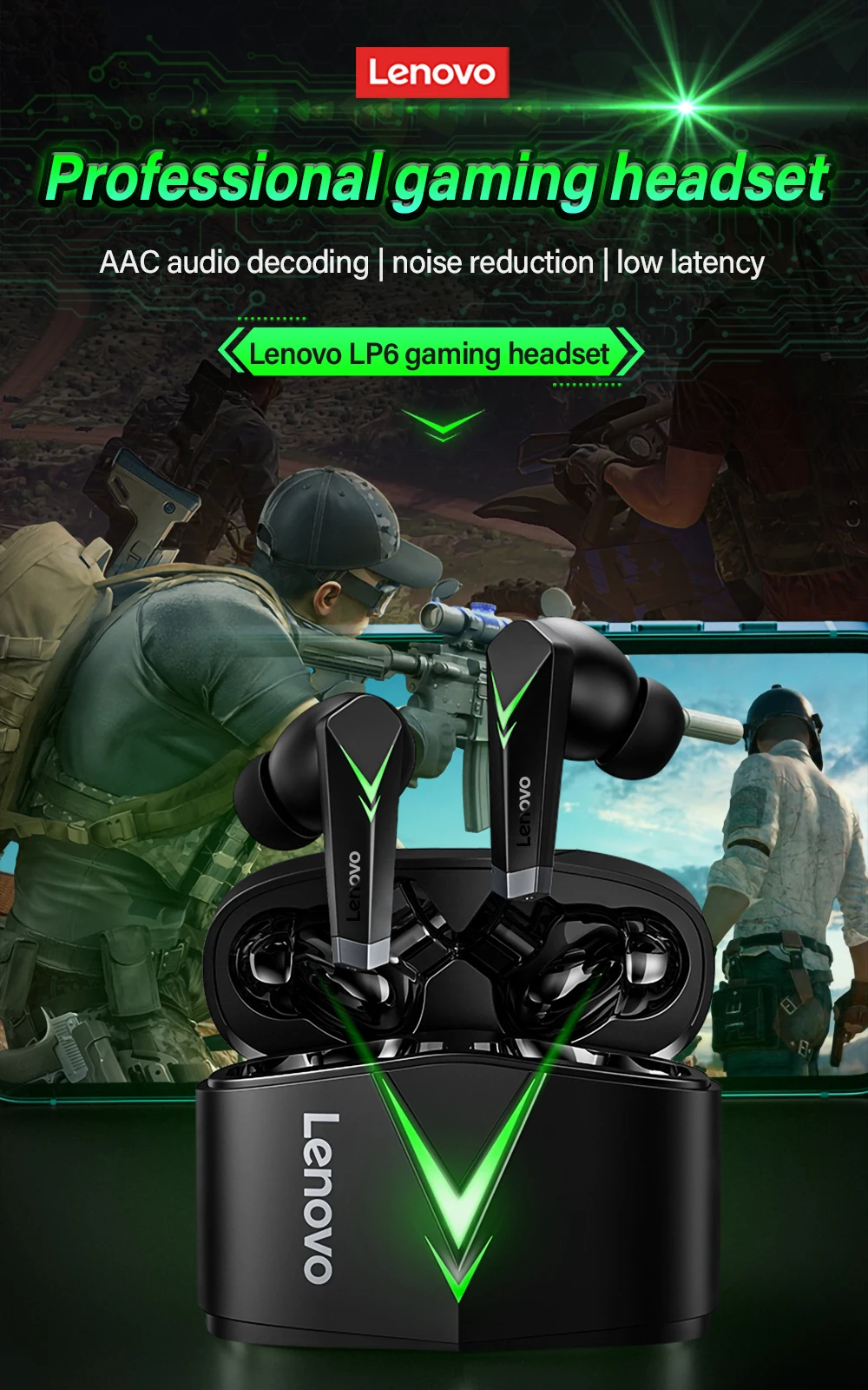 100% New Original Lenovo LP6 TWS Gaming Earphone Wireless Blue tooth Headphone With Dual Mode Headset Mic Music Earbuds