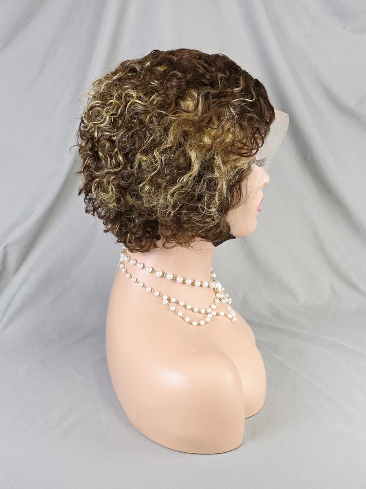 Pixie Cut Short Water Wave Curly 4/27 Honey Blonde Ombre Color Bob Wig Wholesale Virgin Human Hair 13x4 Lace Frontal Pixie Wig