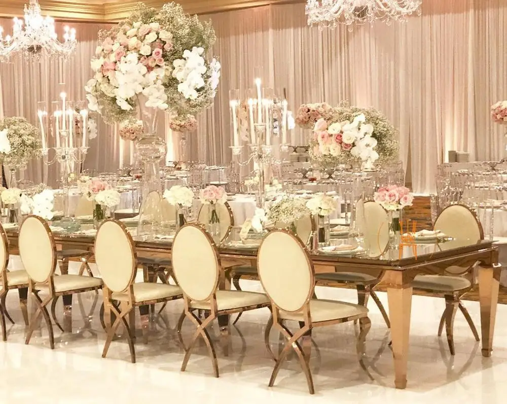 Wedding furniture stainless steel round mirror glass dining table for event