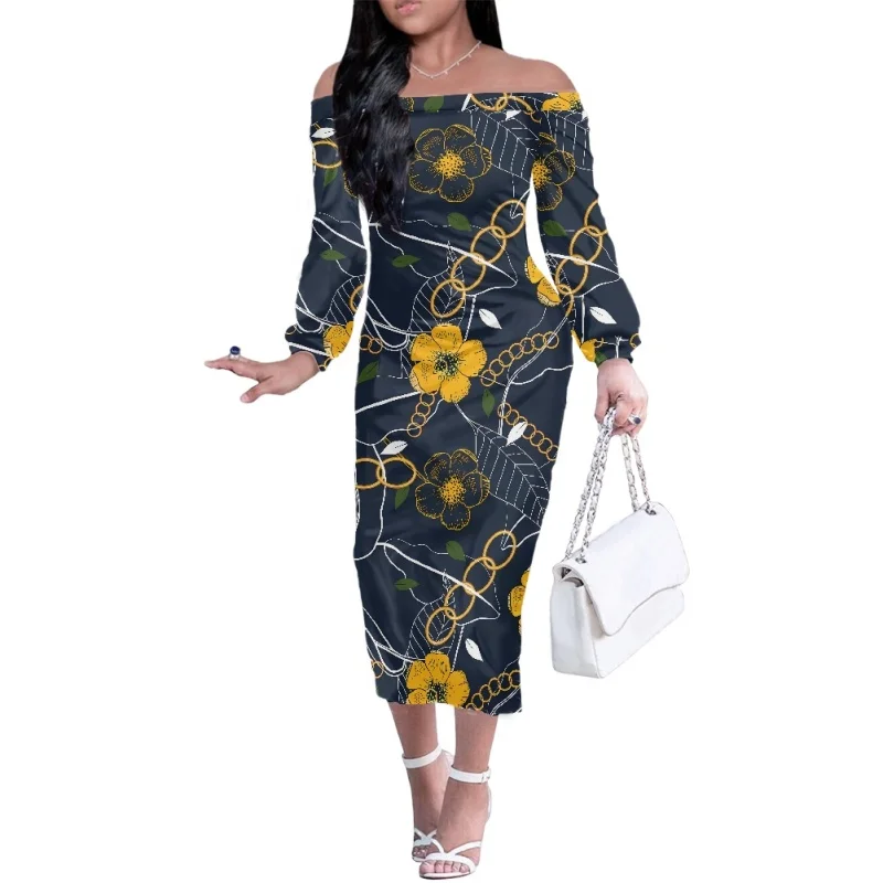 Women Sexy Plumeria Print One Shoulder Dress Long Sleeve Maxi Dress For Polynesian Tribal Tattoo Women Sublimation Print Dress