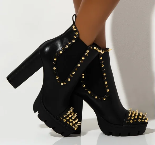 Wholesale Custom Ladies Platform Chunky spike stud embellishments High Heel Ankle Booties