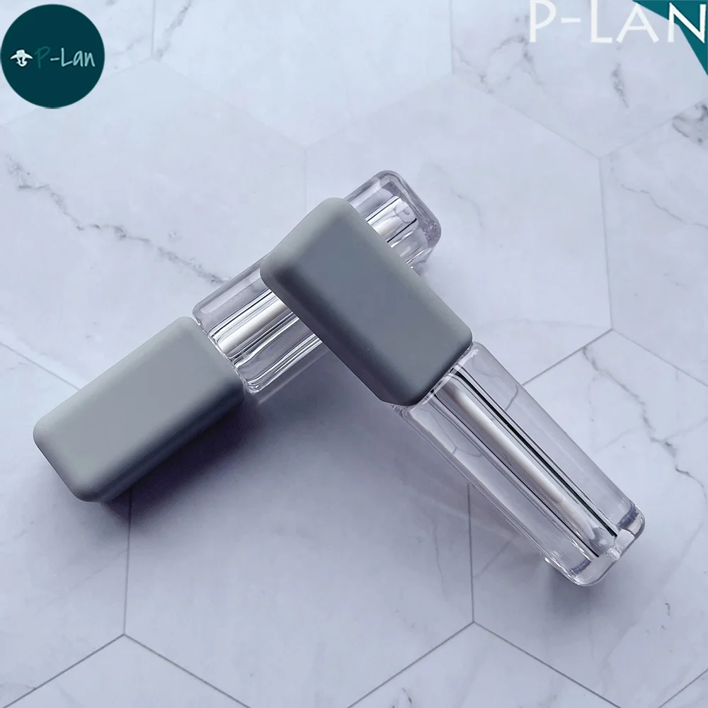 P-LAN Stock Ready Item Soft Touch Pink Grey Cap 2.5ML Empty Ligloss Bottle Square Mini Lip Gloss Tube Container With Doe Foot
