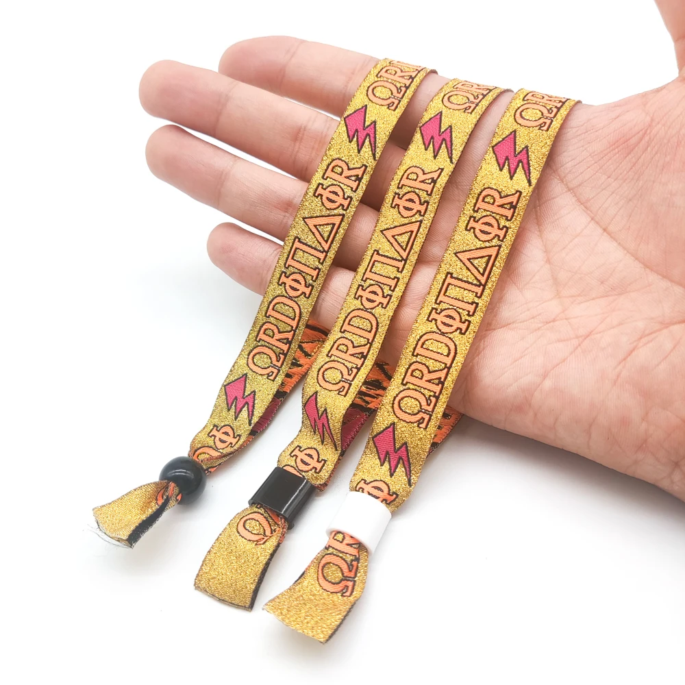 Promotional Eco Friendly Adjustable Plastic Clip Event Party Bracelet Custom Festival Fabric Woven Wristbands