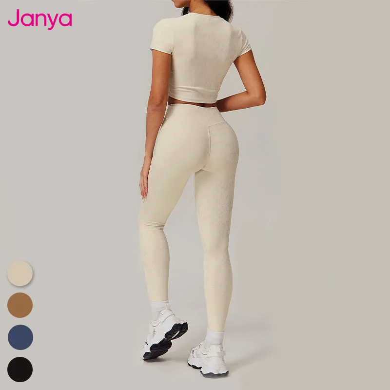 Janya Outdoors Sports Outfits Breathable Slim-fitting Gold Print High Neck Crop Top + No Front Seam Yoga Leggings Set For Women