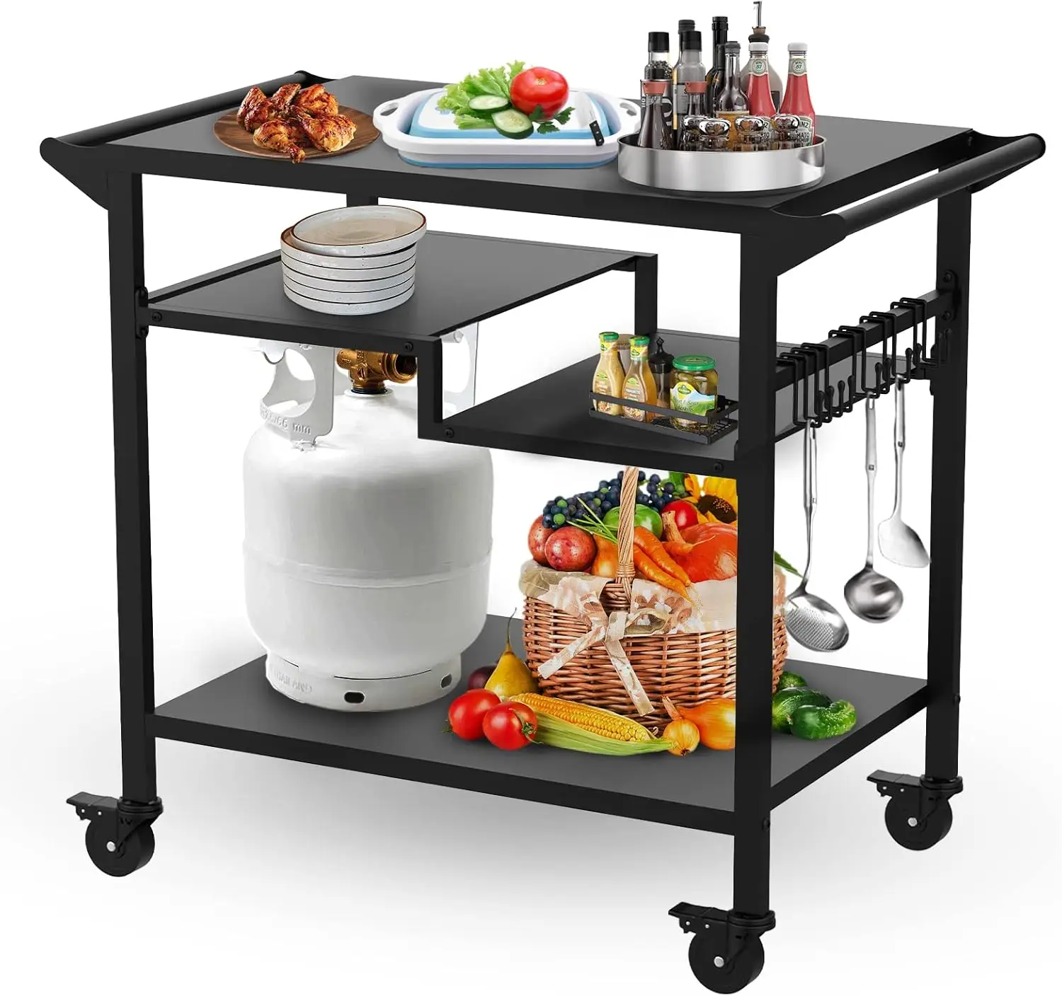 Factory Wholesale Three-tier portable outdoor dining cart with fixable wheels Dining table with hooks and handrails on the side