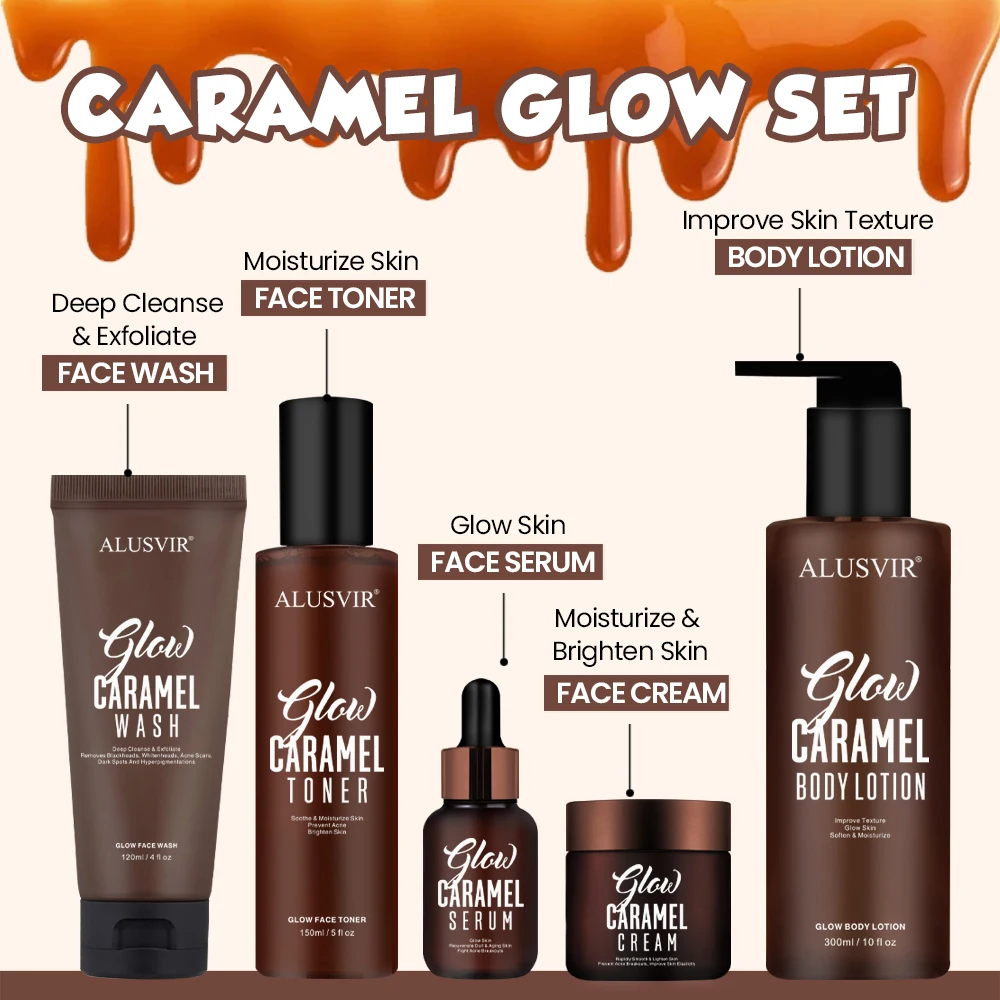 Caramel Skin Care Set Private Label Glowing Brightening Anti Acne Skin Face Toner Serum Facial Cream Body Lotion Skincare Set