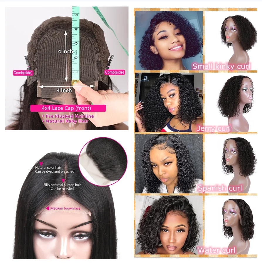 180% густые камбоджийские человеческие волосы 4x4 Короткие Боб безглазные кружевные передние парики из человеческих волос