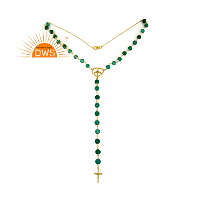 Green Onyx Gemstone Beaded Necklace Jewelry Manufacturer Cross Shape Charm 18k Gold Plated Silver Necklace