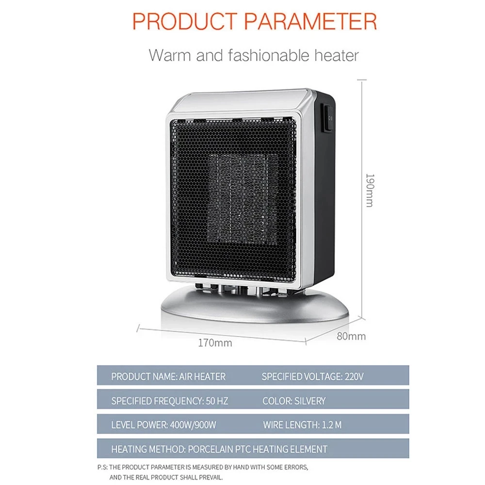 Mini Low Noise Portable Electric Fan Heater 400W/900W 2 Gears Office House Use ABS+PTC Ceramic Heating