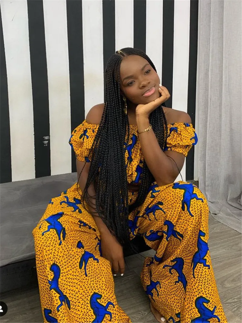 African Dashiki Womens 2 Piece Outfit Off Shoulder Crop Tops  Loose Wide Leg Pants Two Piece Set Women Clothing Sexy Summer