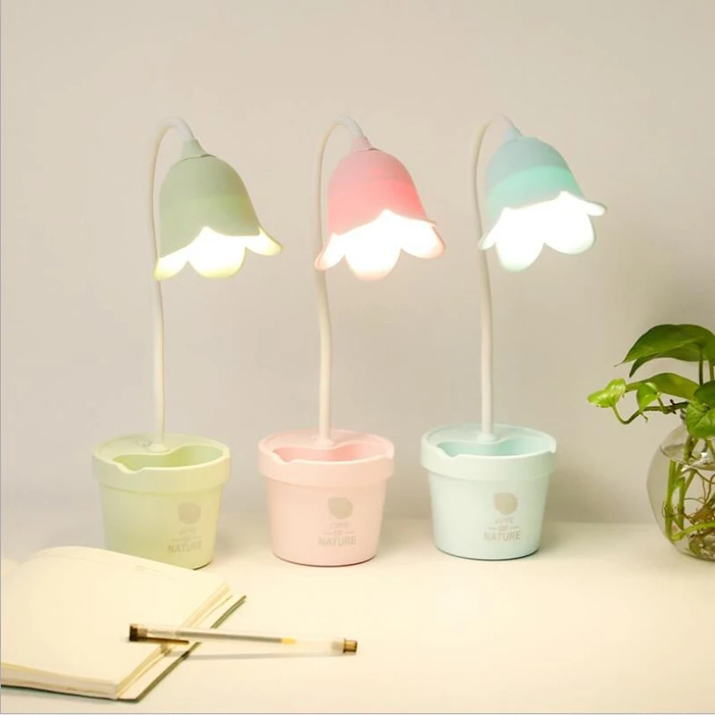 
High Brightness Portable Flowerpot Rechargeable LED Table Soft Light Button Switch Plastic Reading Desk Lamp with Storage Box 