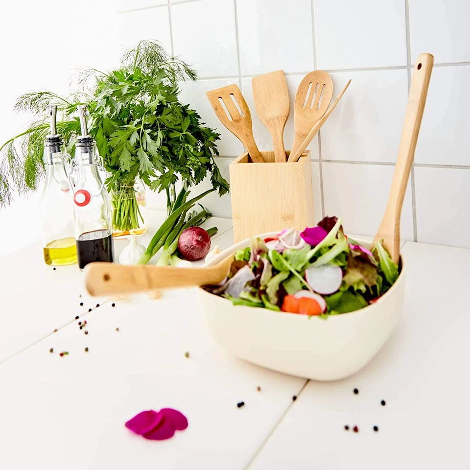 Сто на бамбук без BPA | Кухонный набор из шести Бамбуковая кухонная утварь и техника + контейнер для хранения