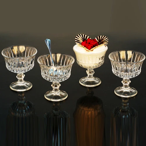 
4pcs crystal embossed glass ice cream bowl set with stand 