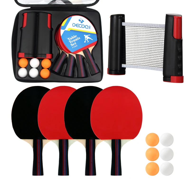 Professional Wood Table Tennis Racket Ping Pong Bat Set 4 Balls & Portable Net