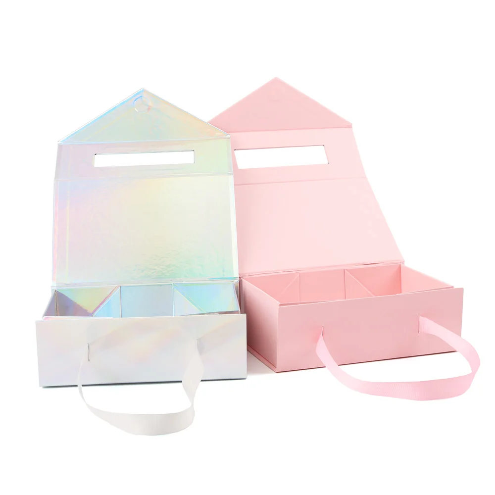 RTS ribbon handle pink rigid paper cardboard packaging magnetic folding  paper mothers day wedding magnetic luxury gift box
