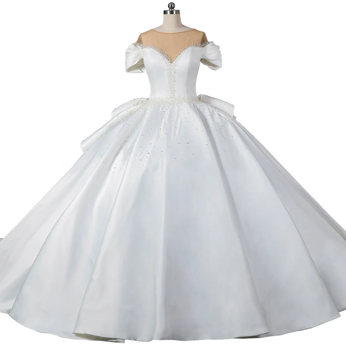 XINEN   European-style strappy pearl short-sleeved round neck slimming large tail satin wedding dress
