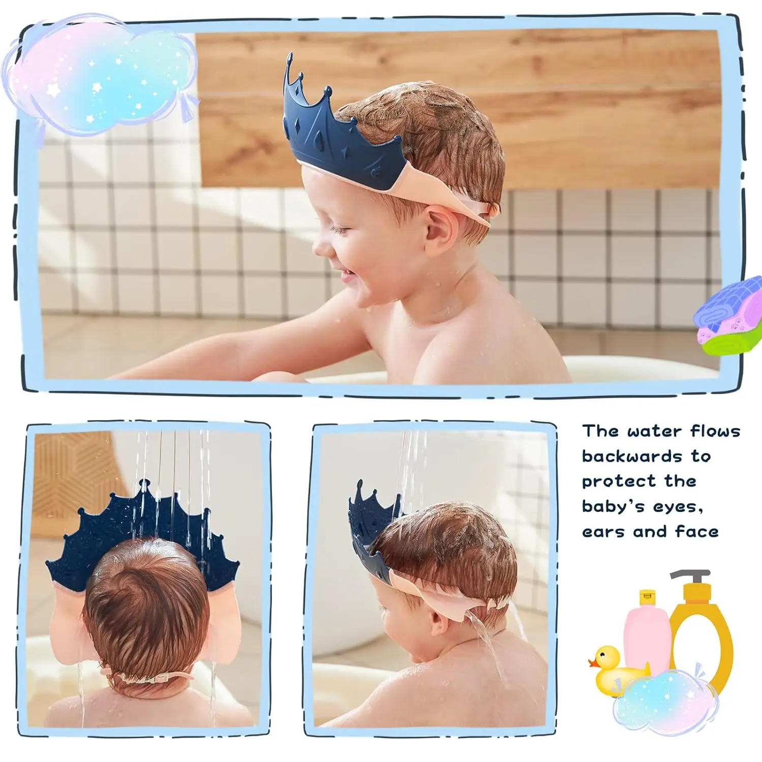 Cute crown shape Adjustable baby shower cap waterproof safe silicone protection bathing shampoo hat for protector head eye ear