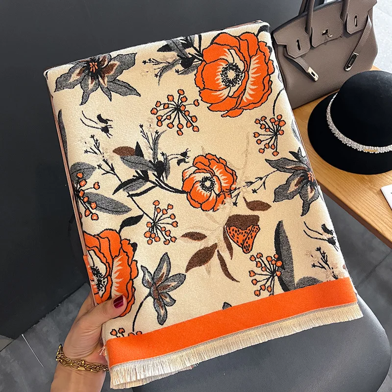 Manufacturer luxury winter warm thick cashmere scarf women stylish Flower pattern designer winter cashmere shawls pashmina scarf
