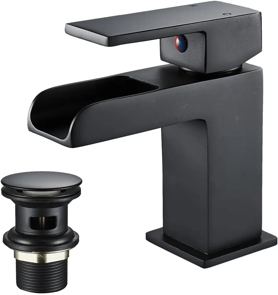 Modern Single Handle Waterfall Basin Tap Matt Black Brass Wall-Mounted Sink Mixer Tap with Waste, Waterfall Basin Faucet