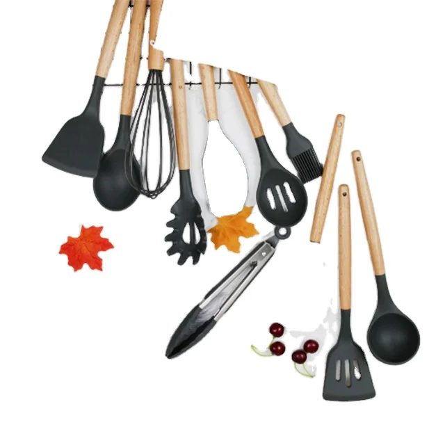 12 Pieces Wholesale Silicone  Kitchen Accessories Bakingsilicone cooking Utensils Set with Wooden Handle Colorful