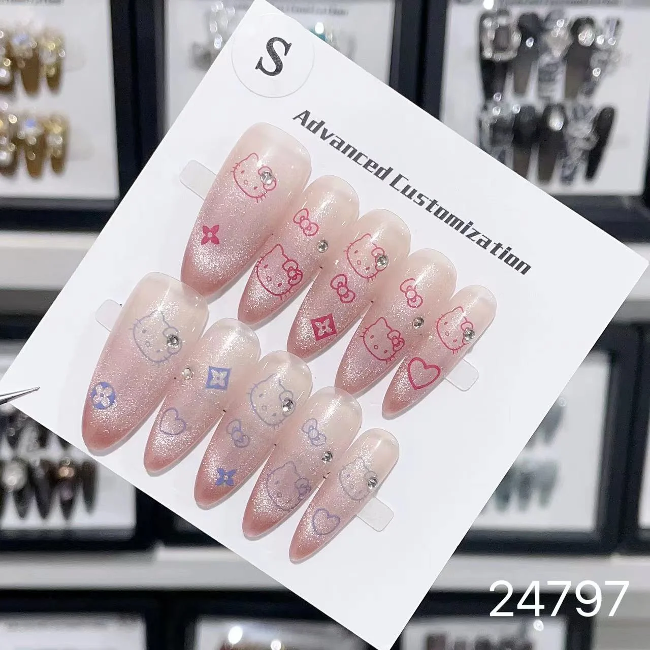 Wholesale Artificial Fingernailswith glue New Design Customized full cover Frosting pearl Flower Press on Nails
