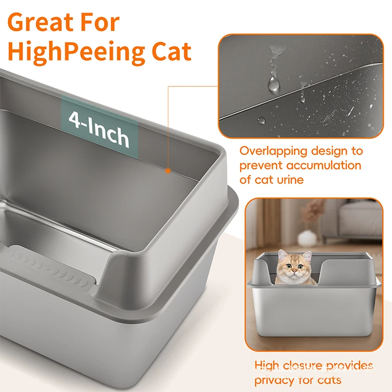Extra Large Metal Litter Box High Sided Easy Clean  Anti-Leakage  Non-Sticky OdorsStainless Steel Cat Litter Box with Lid