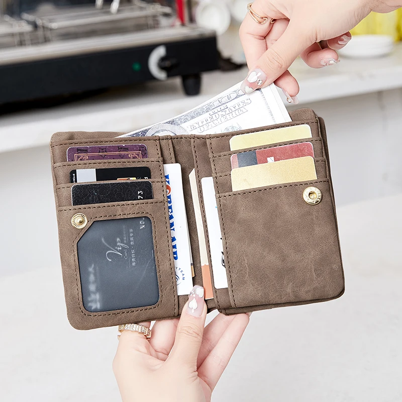 Small PU Leather Women Short Wallet Portable Card Holder With Zipper Coin Pocket With Wrist Strap Multiple Card Slots Wallet