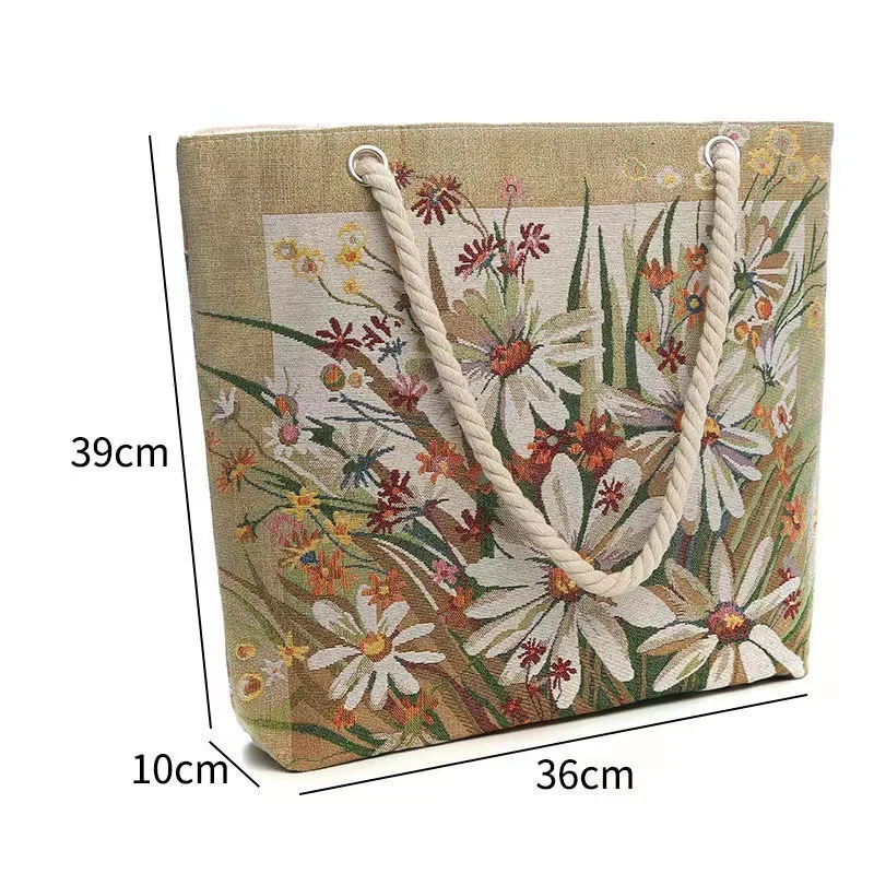 New retro durable daisy handbag double-sided embroidered thick rope handle comfortable tote bag