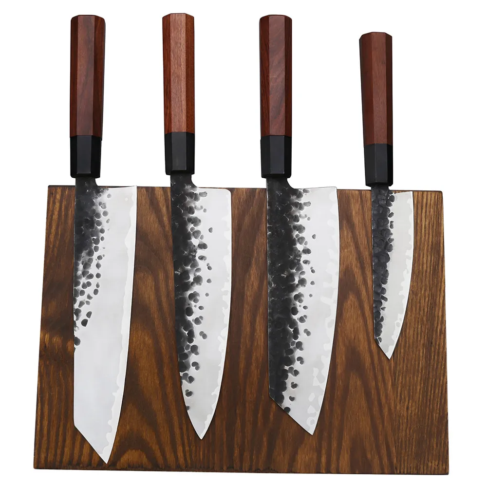 High Carbon 3 Layers 9CR18MOV Clad Steel Forged 5-Piece Knife Block Set with Fraxinus Mandshurica Wood Magnetic Knife Block