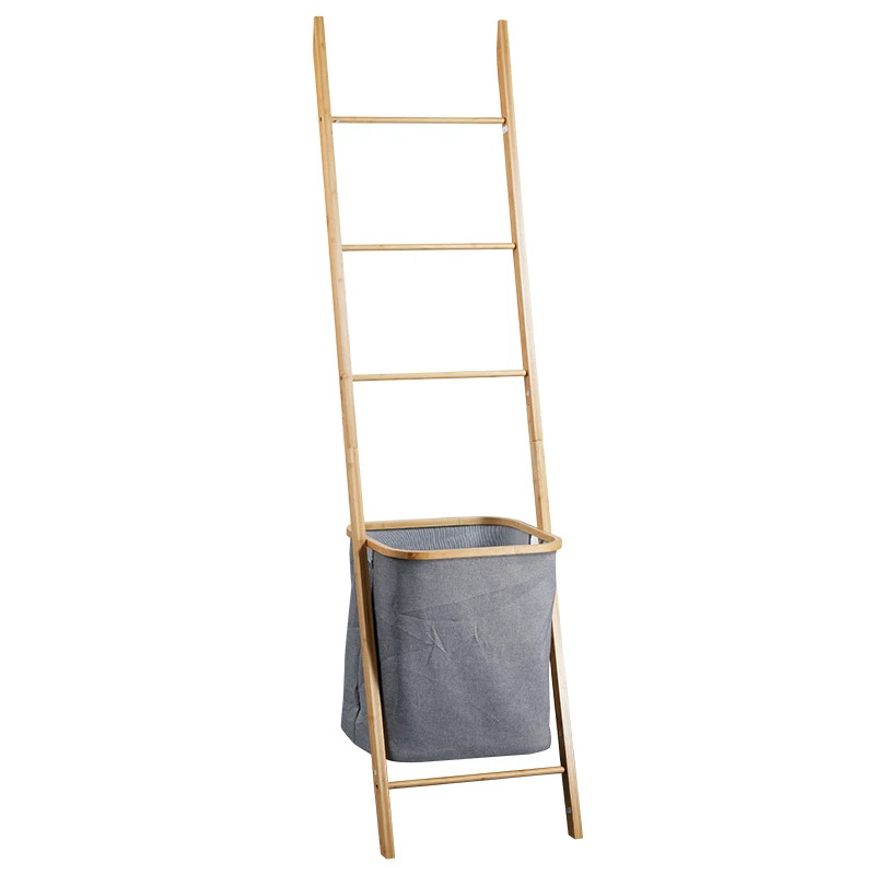 Modern Natural Bamboo Frame 4 Layer Tier Fabric Storage Basket Cloth Storage Shelf Corner Rack  Towel Shelf with Laundry Basket