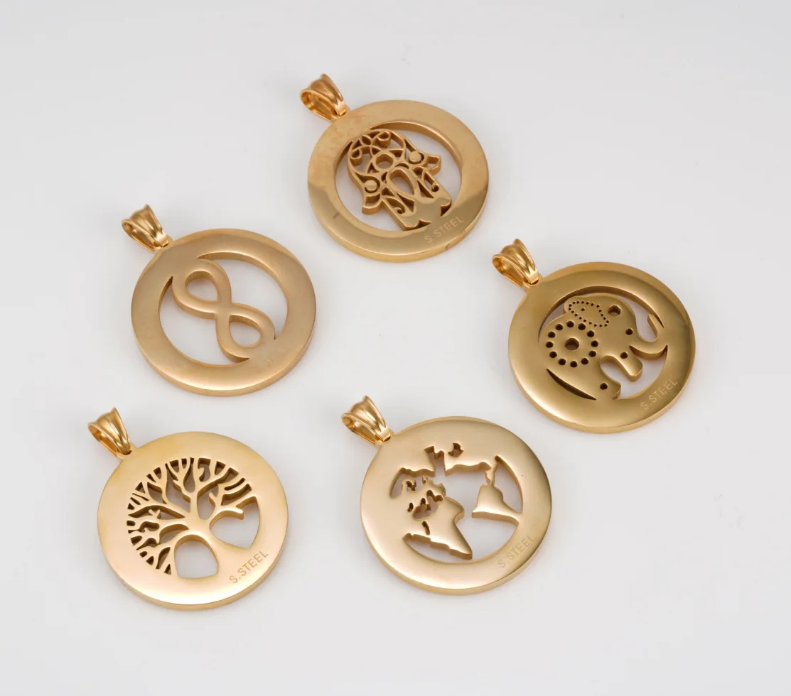 18K PVD Gold Plated Shell Inlay Stainless Steel Pendant - Tree of Life, Hamsa, Elephant, Infinity, World Map | Custom Available