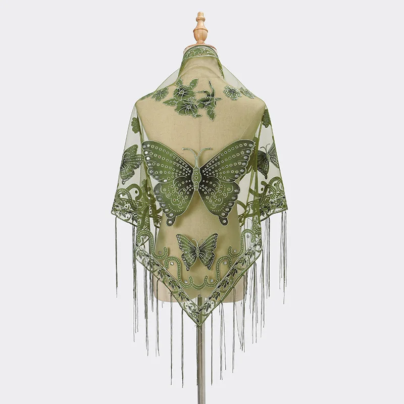 Women Elegant Butterfly Print Shawls and Wraps for Evening Dresses Triangle Shawl Wraps Fringed Evening Cape