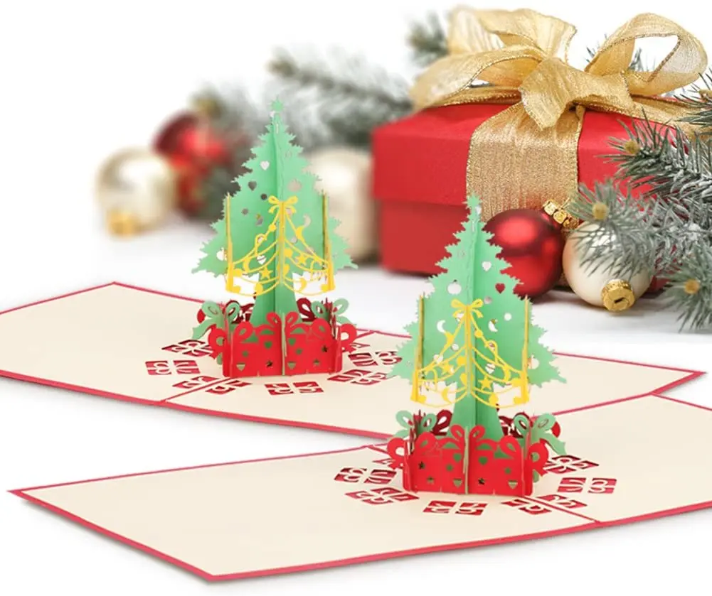 Pop Up Creative 3d Christmas Tree Cards, 3D Handmade Creative Happy Birthday Cards with Envelopes for Xmas New Year Birthday