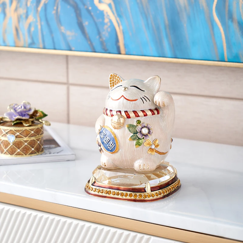 RORO Classic Collection Decorative Lovely Cute Cat Ornament with Crystal Base for Home Office Enamel Handmade Painting