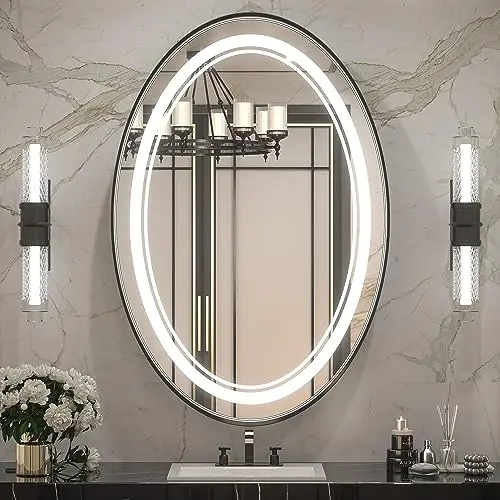 LED Oval Mirror  Bathroom Mirror with 3 Color Lights lit Vanity Mirror for Wall Dimmable  Lighted Illuminated Lighted
