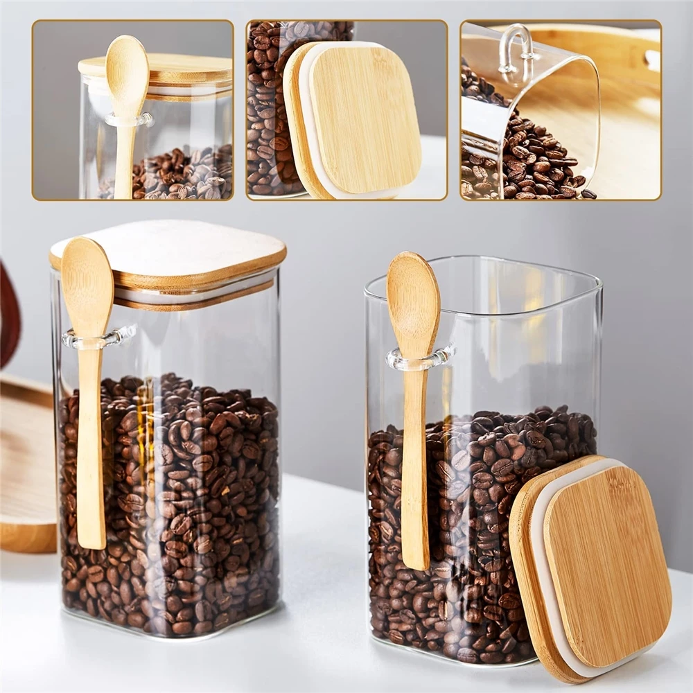 Glass Vial With Cork Tea Coffee and Sugar Storage Bottles & Jars With Bamboo Lid and Wooden Spoon