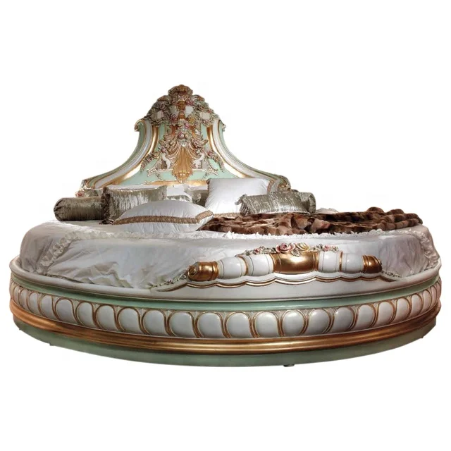 Круглая резная деревянная кровать в стиле барокко с цветочным рисунком, двуспальная кровать ручной работы из окрашенной ткани, Европейская классическая резная деревянная мебель для спальни