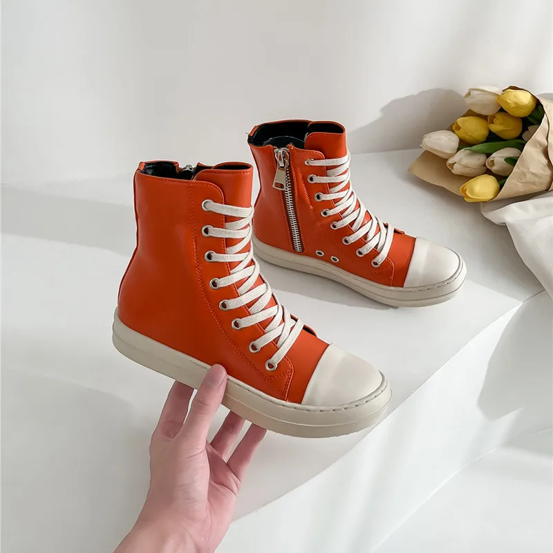 New cross-boundary Autumn/Winter 2022 orange high-top shoes with thick soles candy colored student shoes lace-up casual sneaker