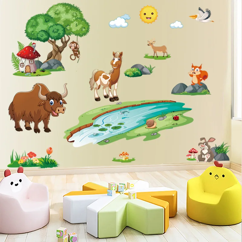 Little Horse Crossing the River Wall Sticker Cartoon animals  Decals  Living Room Decorative Wallpaper