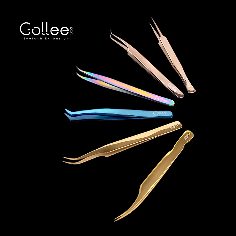 Gollee Kit Set Stainless Steel Individual Wholesale Manufacturer Gold Tool Applicator Case Custom Private Label Eyelash Tweezers