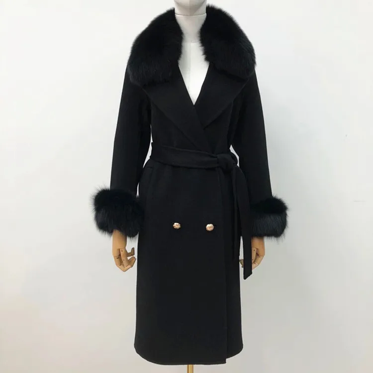 wholesale fashion winter clothes thick wool trench coat double breasted fox fur collar and cuffs womens winter wool coat