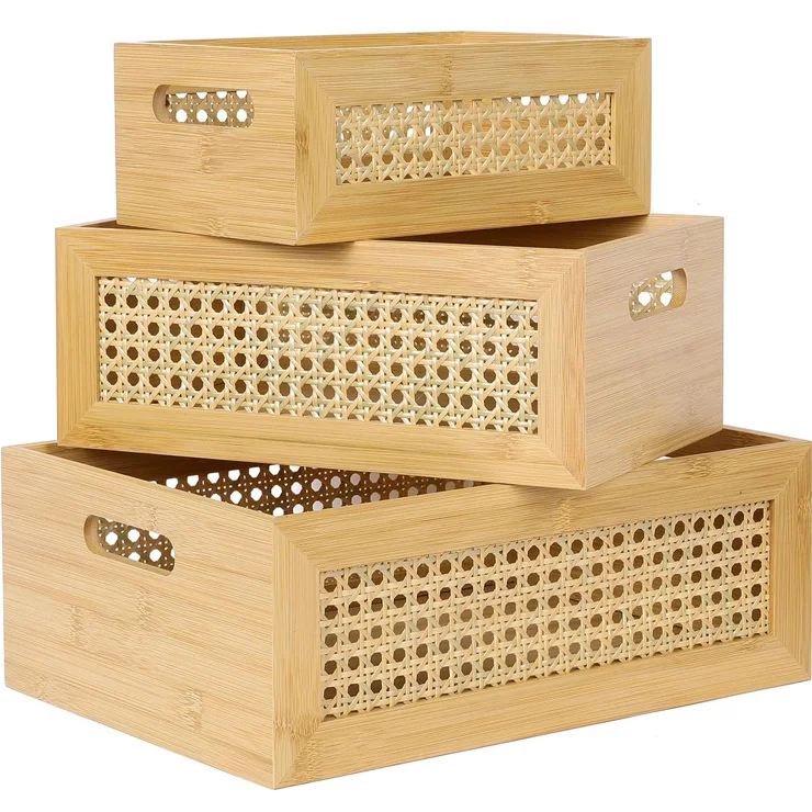3 PCS Natural Bamboo Storage Bins Set Faux Rattan Frame Basket Bamboo Storage Basket Kitchen Storage Basket With Bamboo